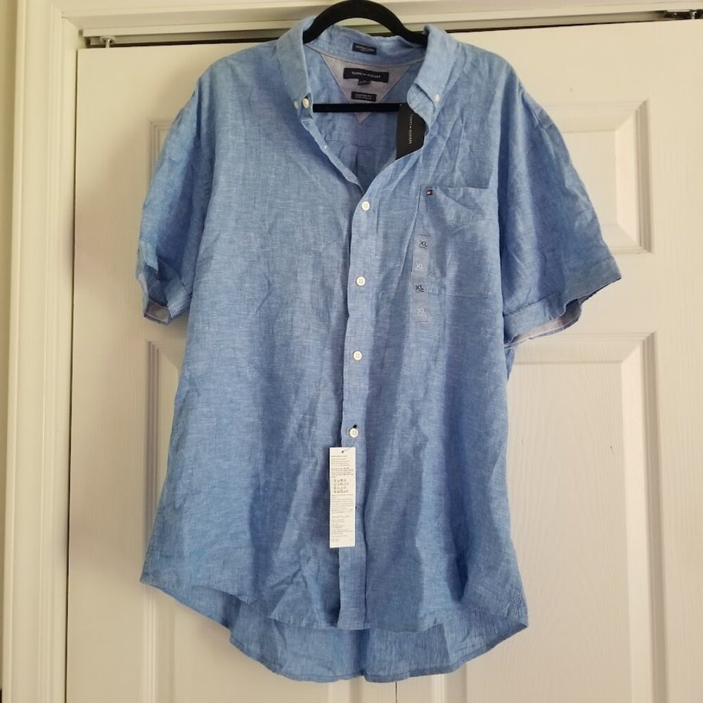 Tommy Hilfiger Men's Shirt X-Large Blue Linen Cotton Custom Fit Button Down Logo